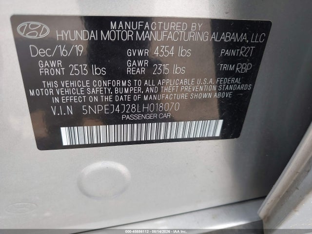 5NPEJ4J28LH018070 Hyundai Sonata Sel Plus