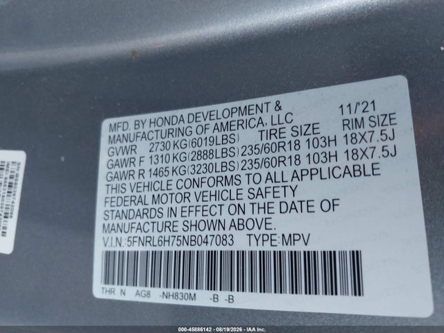 2022 Honda Odyssey Ex-l მანქანა იყიდება აუქციონზე, vin: 5FNRL6H75NB047083, აუქციონის ნომერი: 45886142