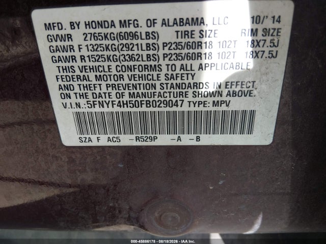 Продаж на аукціоні авто 2015 Honda Pilot Ex-l, vin: 5FNYF4H50FB029047, номер лоту: 45886178