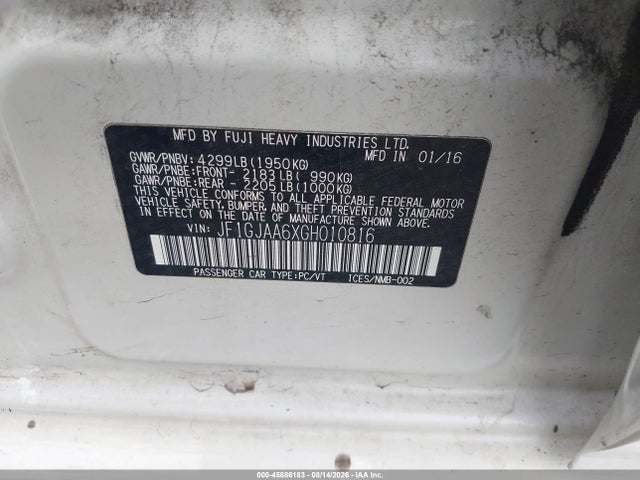 Aukcja sprzedaży 2016 Subaru Impreza 2.0i, vin: JF1GJAA6XGH010816, numer aukcji: 45886183