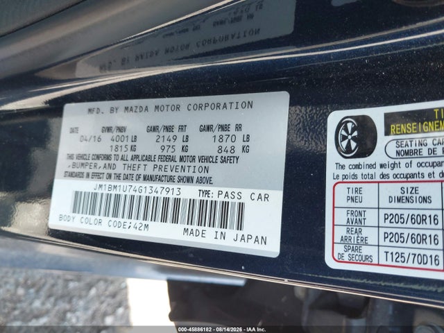 45886182 :رقم المزاد ، JM1BM1U74G1347913 vin ، 2016 Mazda Mazda3 I Sport مزاد بيع