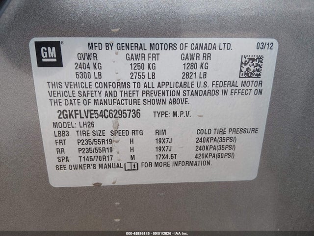 Aukcja sprzedaży 2012 Gmc Terrain Slt-1, vin: 2GKFLVE54C6295736, numer aukcji: 45886185