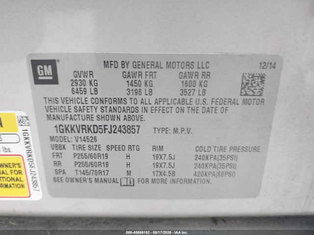 1GKKVRKD5FJ243857 GMC ACADIA SLT