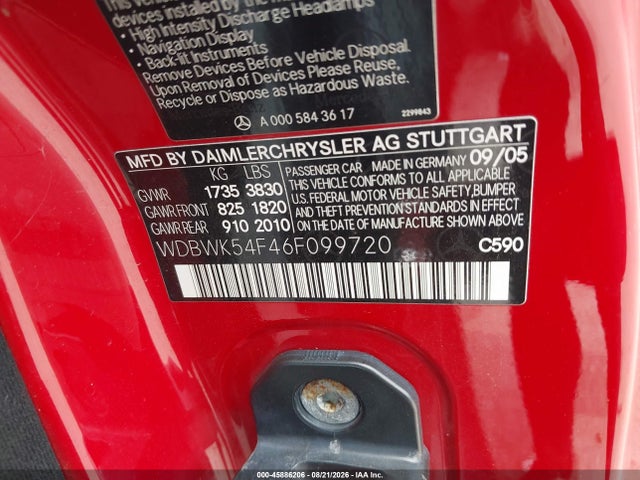 Aukcja sprzedaży 2006 Mercedes-benz Slk 280, vin: WDBWK54F46F099720, numer aukcji: 45886206
