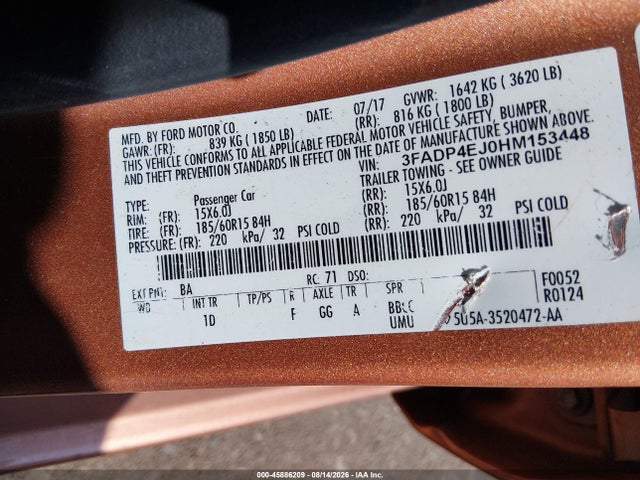 45886209 :رقم المزاد ، 3FADP4EJ0HM153448 vin ، 2017 Ford Fiesta Se مزاد بيع
