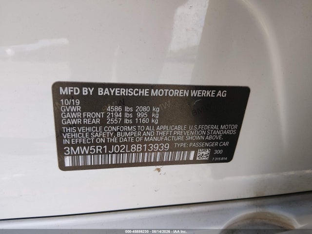 Aukcja sprzedaży 2020 Bmw 330i, vin: 3MW5R1J02L8B13939, numer aukcji: 45886230