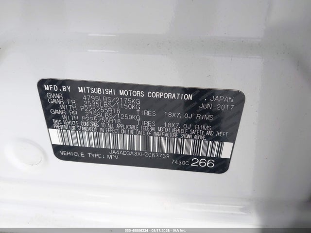 Продаж на аукціоні авто 2017 Mitsubishi Outlander Se, vin: JA4AD3A3XHZ063739, номер лоту: 45886234