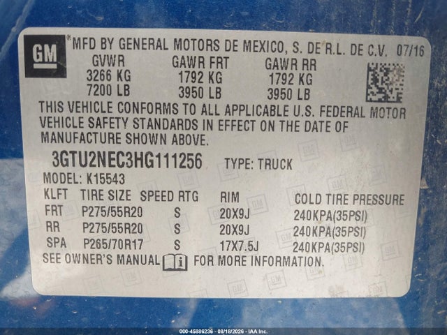Aukcja sprzedaży 2017 Gmc Sierra 1500 Slt, vin: 3GTU2NEC3HG111256, numer aukcji: 45886236