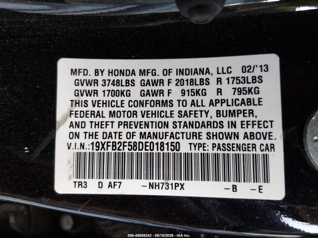 2013 Honda Civic Lx მანქანა იყიდება აუქციონზე, vin: 19XFB2F58DE018150, აუქციონის ნომერი: 45886242