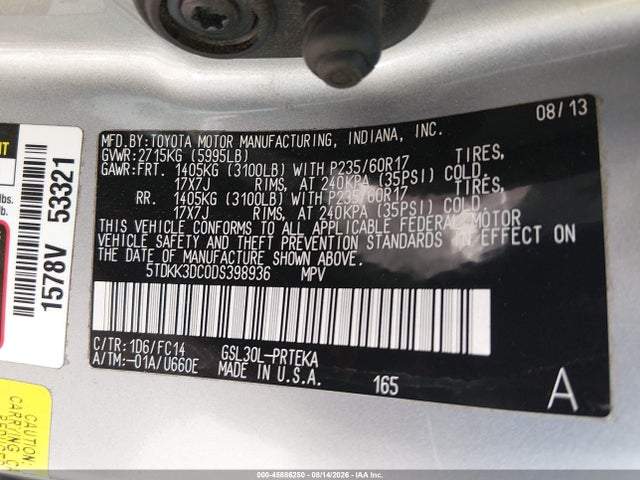 Aukcja sprzedaży 2013 Toyota Sienna Le V6 8 Passenger, vin: 5TDKK3DC0DS398936, numer aukcji: 45886250