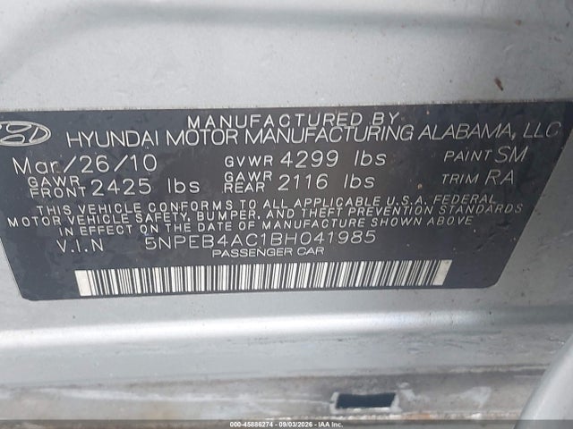 2011 Hyundai Sonata Gls მანქანა იყიდება აუქციონზე, vin: 5NPEB4AC1BH041985, აუქციონის ნომერი: 45886274