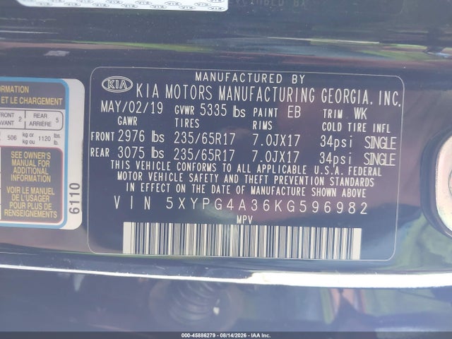 Продаж на аукціоні авто 2019 Kia Sorento 2.4l Lx, vin: 5XYPG4A36KG596982, номер лоту: 45886279