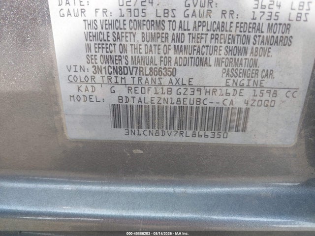 Продаж на аукціоні авто 2024 Nissan Versa 1.6 S, vin: 3N1CN8DV7RL866350, номер лоту: 45886283