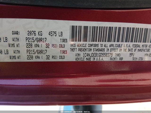 2016 Jeep Compass Latitude მანქანა იყიდება აუქციონზე, vin: 1C4NJDEB1GD558379, აუქციონის ნომერი: 45886287