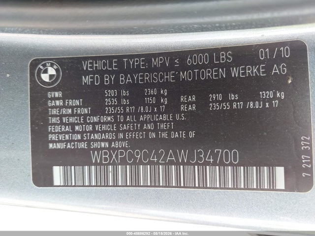 Продаж на аукціоні авто 2010 Bmw X3 Xdrive30i, vin: WBXPC9C42AWJ34700, номер лоту: 45886292