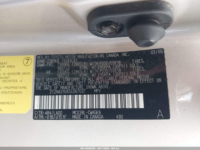 45886296 :رقم المزاد ، 2T2HA31UX5C067037 vin ، 2005 Lexus Rx 330 مزاد بيع