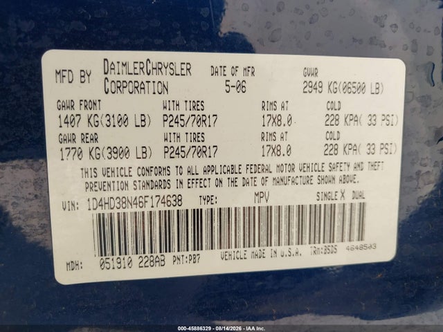 Aukcja sprzedaży 2006 Dodge Durango Sxt, vin: 1D4HD38N46F174638, numer aukcji: 45886329