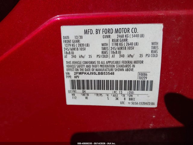 45886330 :رقم المزاد ، 2FMPK4J95LBB53548 vin ، 2020 Ford Edge Sel مزاد بيع