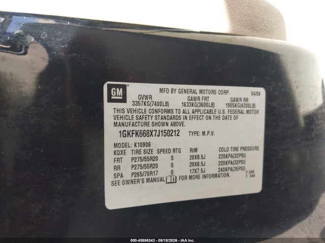 45886343 :رقم المزاد ، 1GKFK668X7J150212 vin ، 2007 Gmc Yukon Xl Denali Denali مزاد بيع