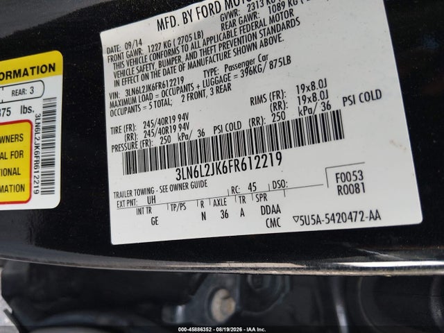 Aukcja sprzedaży 2015 Lincoln Mkz, vin: 3LN6L2JK6FR612219, numer aukcji: 45886352