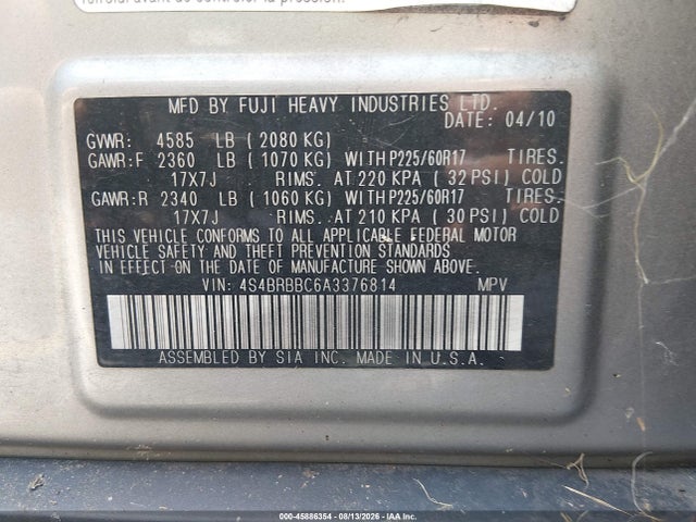 Продаж на аукціоні авто 2010 Subaru Outback 2.5i Premium, vin: 4S4BRBBC6A3376814, номер лоту: 45886354