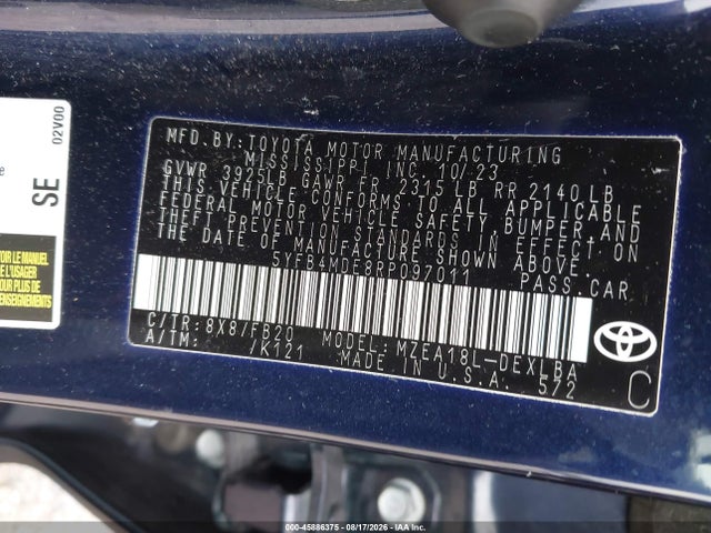 45886375 :رقم المزاد ، 5YFB4MDE8RP097011 vin ، 2024 Toyota Corolla Le مزاد بيع