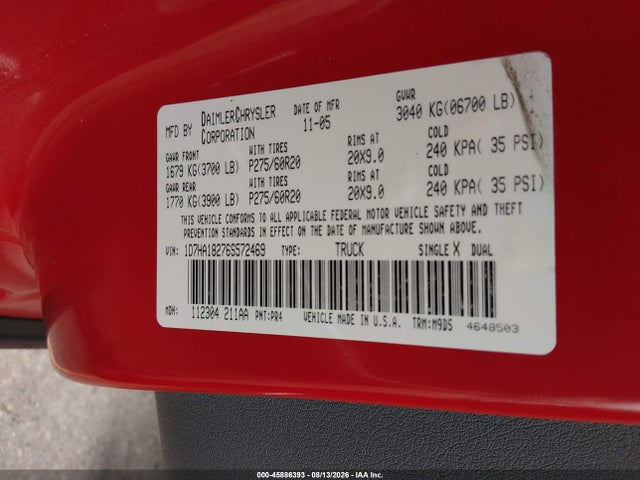 Продаж на аукціоні авто 2006 Dodge Ram 1500 Slt, vin: 1D7HA18276S572469, номер лоту: 45886393