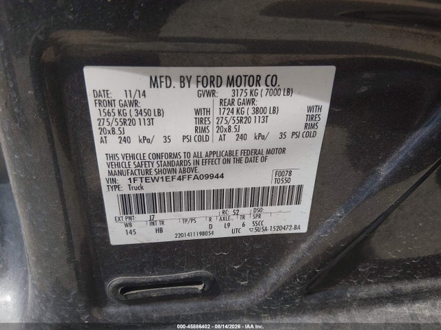 Продажа на аукционе авто 2015 Ford F-150 Lariat, vin: 1FTEW1EF4FFA09944, номер лота: 45886402