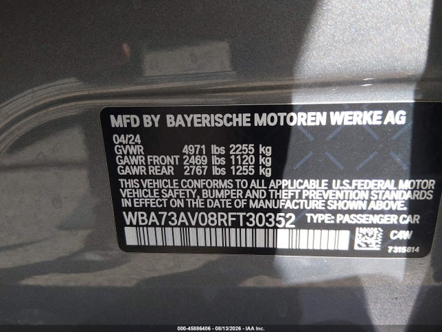 Aukcja sprzedaży 2024 Bmw 430i Gran Coupe Xdrive, vin: WBA73AV08RFT30352, numer aukcji: 45886406