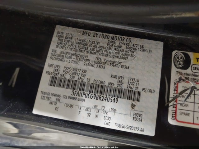 Продажа на аукционе авто 2011 Ford Fusion Sel, vin: 3FAHP0CG9BR240549, номер лота: 45886409