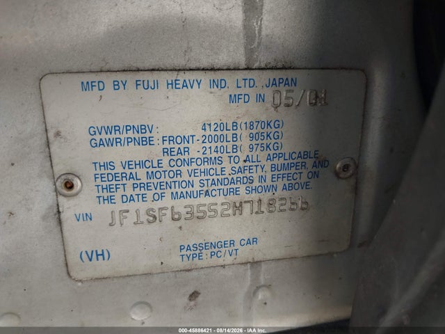 Aukcja sprzedaży 2002 Subaru Forester L, vin: JF1SF63552H718266, numer aukcji: 45886421