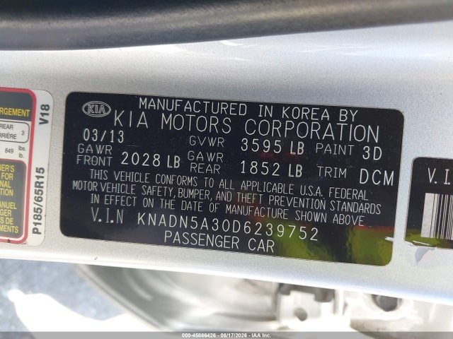 Продаж на аукціоні авто 2013 Kia Rio Ex, vin: KNADN5A30D6239752, номер лоту: 45886426