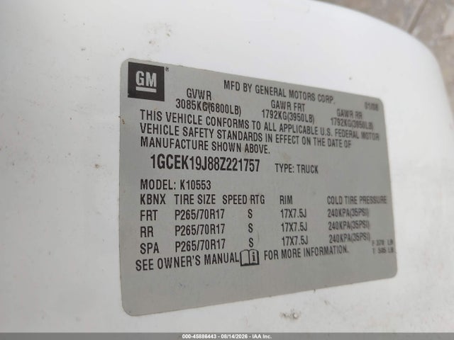 2008 Chevrolet Silverado 1500 Lt1 მანქანა იყიდება აუქციონზე, vin: 1GCEK19J88Z221757, აუქციონის ნომერი: 45886443