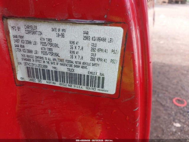 45886456 :رقم المزاد ، 1B7HC13Y1VJ531890 vin ، 1997 Dodge Ram 1500 St مزاد بيع
