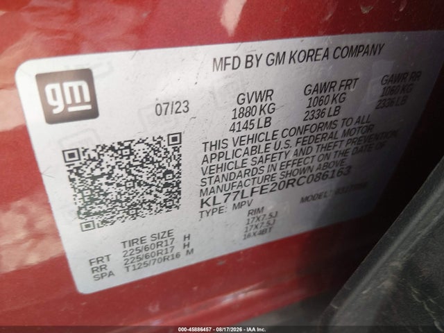 Продаж на аукціоні авто 2024 Chevrolet Trax Fwd Sp, vin: KL77LFE20RC086163, номер лоту: 45886457