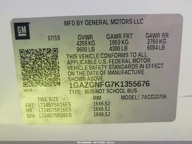 Продажа на аукционе авто 2019 Chevrolet Express 3500 Ls, vin: 1GAZGNFG7K1355676, номер лота: 45886464