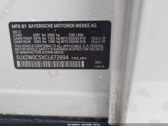 Aukcja sprzedaży 2012 Bmw X5 Xdrive35d, vin: 5UXZW0C5XCL672694, numer aukcji: 45886472