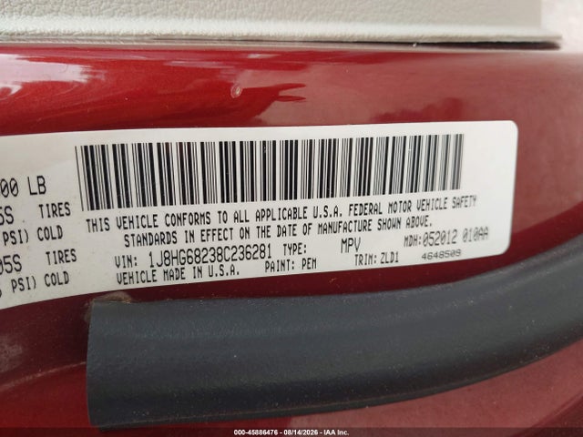 45886476 :رقم المزاد ، 1J8HG68238C236281 vin ، 2008 Jeep Commander Overland مزاد بيع