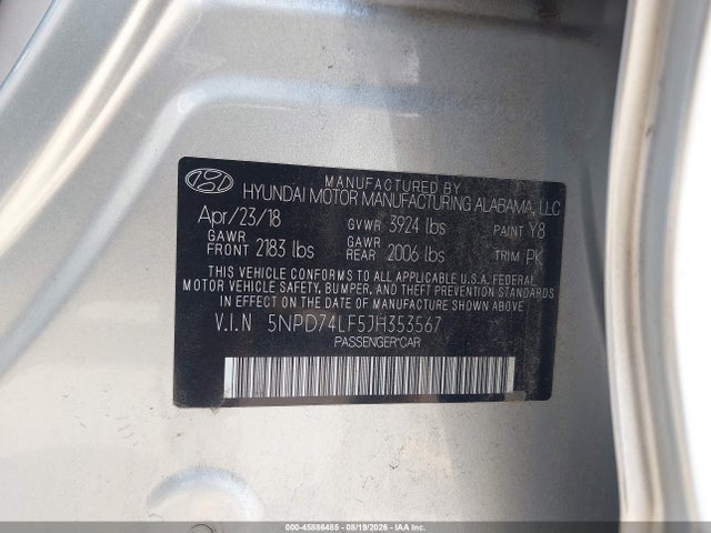 45886485 :رقم المزاد ، 5NPD74LF5JH353567 vin ، 2018 Hyundai Elantra Se مزاد بيع