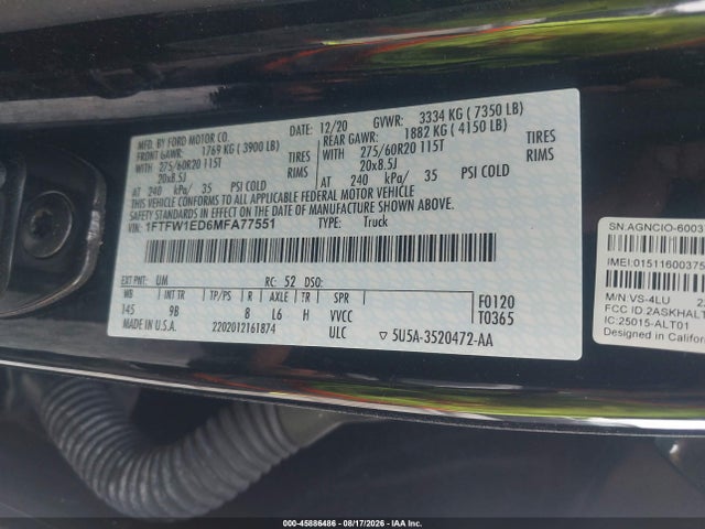 Продажа на аукционе авто 2021 Ford F-150 Platinum, vin: 1FTFW1ED6MFA77551, номер лота: 45886486