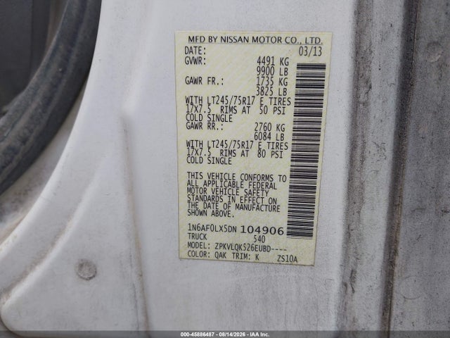 45886487 :رقم المزاد ، 1N6AF0LX5DN104906 vin ، 2013 Nissan Nv Cargo Nv3500 Hd S V8 مزاد بيع