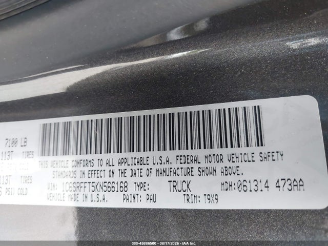 45886500 :رقم المزاد ، 1C6SRFFT5KN566168 vin ، 2019 Ram 1500 Big Horn/lone Star  4x4 5'7 Box مزاد بيع