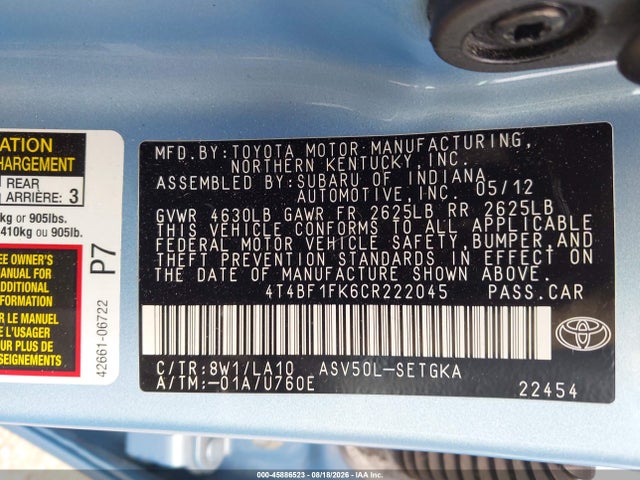 Aukcja sprzedaży 2012 Toyota Camry Xle, vin: 4T4BF1FK6CR222045, numer aukcji: 45886523