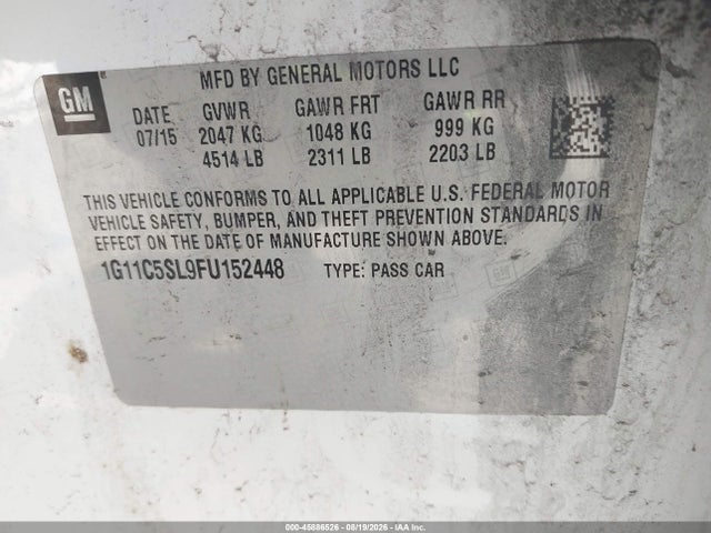 2015 Chevrolet Malibu 1lt მანქანა იყიდება აუქციონზე, vin: 1G11C5SL9FU152448, აუქციონის ნომერი: 45886526