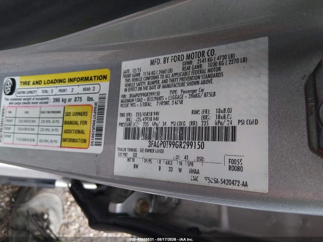2016 Ford Fusion Se მანქანა იყიდება აუქციონზე, vin: 3FA6P0T99GR299150, აუქციონის ნომერი: 45886531