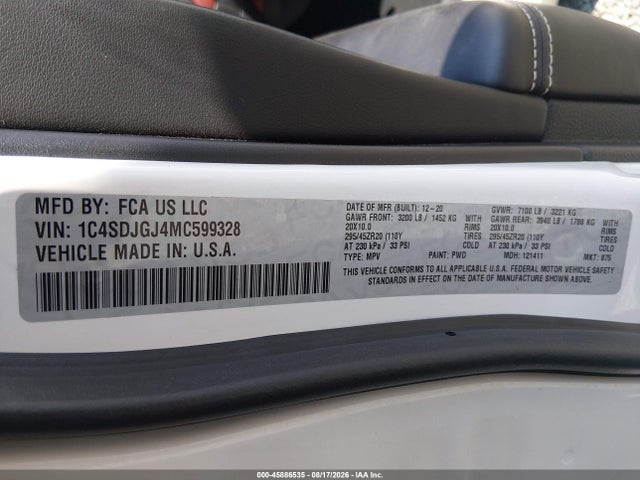 45886535 :رقم المزاد ، 1C4SDJGJ4MC599328 vin ، 2021 Dodge Durango Srt 392 Awd مزاد بيع