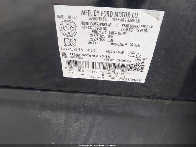45886543 :رقم المزاد ، 1FM5K8GT6HGB73485 vin ، 2017 Ford Explorer Sport مزاد بيع