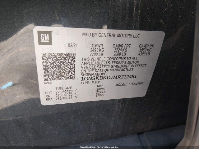 45886558 :رقم المزاد ، 1GNSKDKD7MR312481 vin ، 2021 Chevrolet Suburban 4wd Z71 مزاد بيع