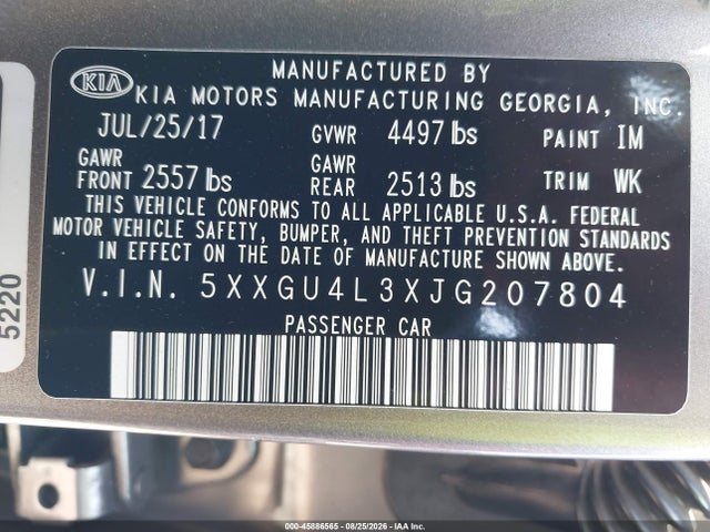 Продаж на аукціоні авто 2018 Kia Optima Ex, vin: 5XXGU4L3XJG207804, номер лоту: 45886565