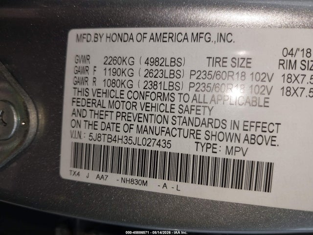45886571 :رقم المزاد ، 5J8TB4H35JL027435 vin ، 2018 Acura Rdx Acurawatch Plus Package مزاد بيع